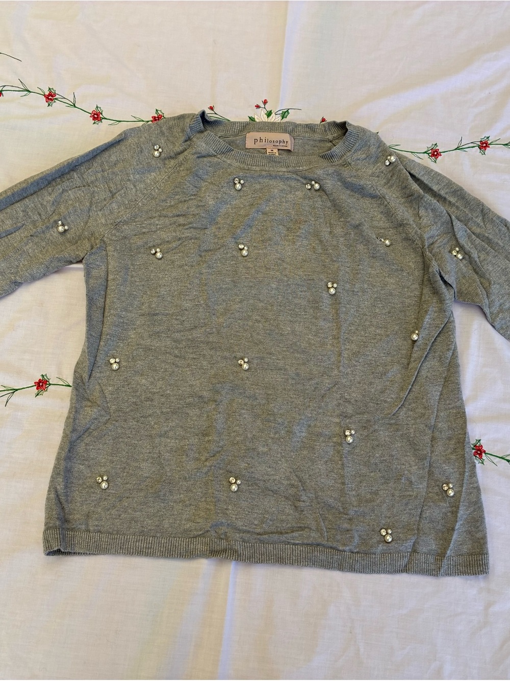 Philosoph Light Gray Pearl Cluster Knit Sweater size medium women